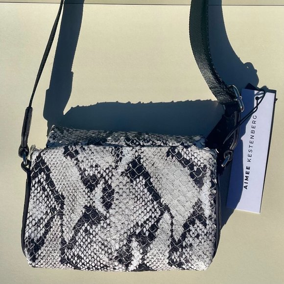 NWT Aimee Kestenberg Cross Body Snakeskin Embossed Leather Bag Black and… - Picture 4 of 8